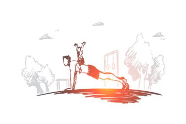 Aile, etkinlik, Baba, çocuk, pushup kavramı. Elle çizilmiş izole vektör.