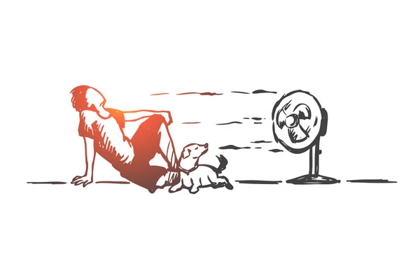 Zomer, warm, man, hond concept. Hand getekende geïsoleerde vector. — Stockvector