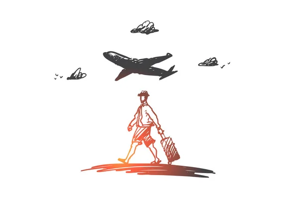 Viajero, caminando, maleta, concepto de aeropuerto. Vector aislado dibujado a mano . — Vector de stock