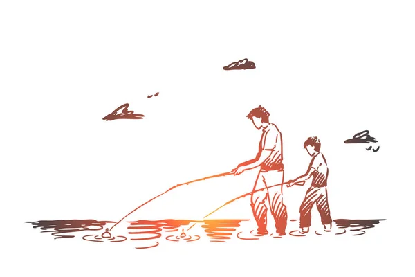 Fishing, river, father, son, catch concept. Hand drawn isolated vector. — Stock Vector