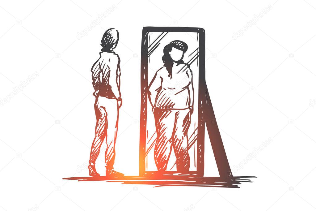 Girl, mirror, body, distorted, weight concept. Hand drawn isolated vector.