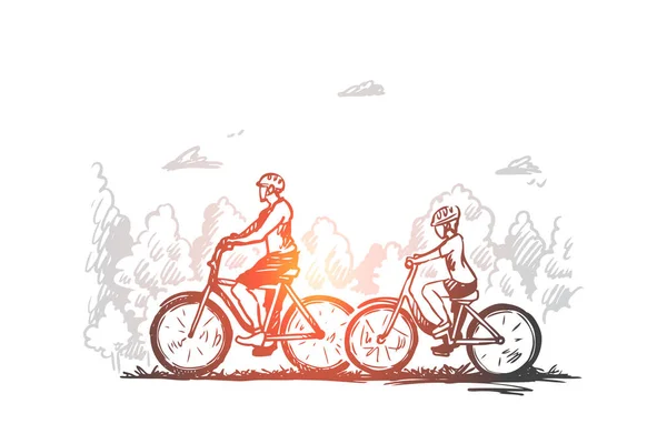 家庭, 自行车, 运动, 快乐, 生活方式的概念。手绘隔离矢量. — 图库矢量图片