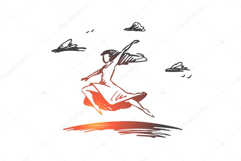 Freedom, happiness, woman, fly, love concept. Hand drawn isolated vector.