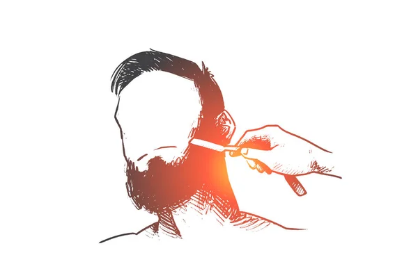 Barbier, coiffeur, barbe, hipster, concept de rasage. Vecteur isolé dessiné à la main . — Image vectorielle