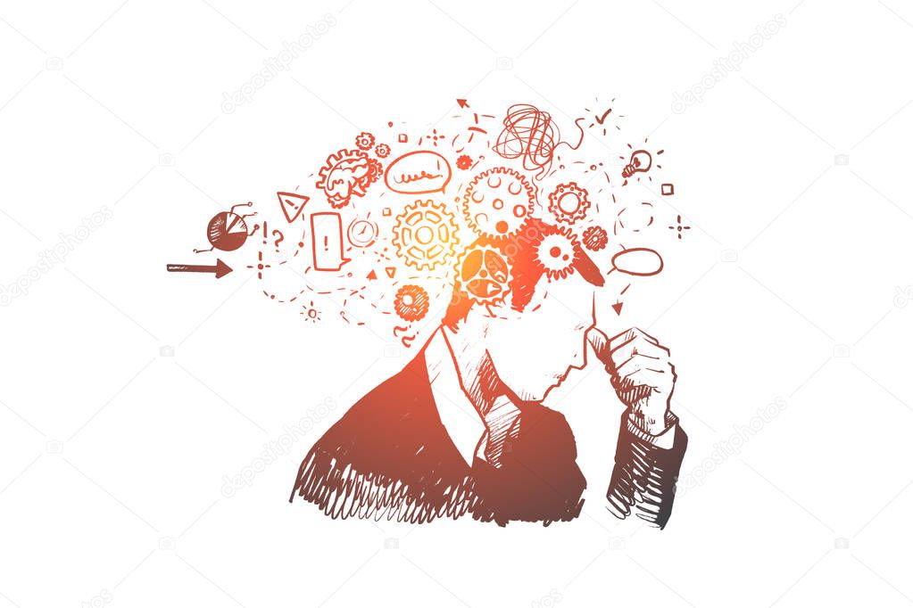 Man, think, idea, solution, question concept. Hand drawn isolated vector.