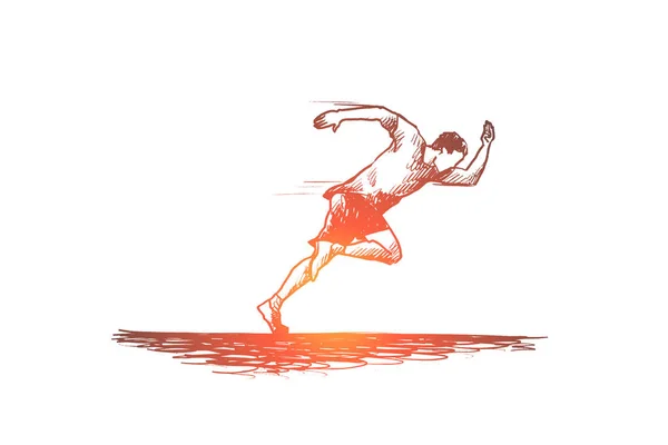 Runner, start, explosive, man and distance concept. Hand drawn isolated vector.