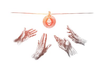 Cryptocurrency, dijital para, ethereum, ekonomi kavramı. Elle çizilmiş izole vektör.