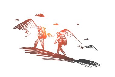 Fethetmek, elde etmek, birlikte, meydan okuma, kavram tırmanma. Elle çizilmiş izole vektör.