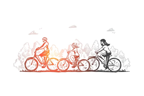 Family, bicycle, sport, activity, together concept. Hand drawn isolated vector. — Stock Vector