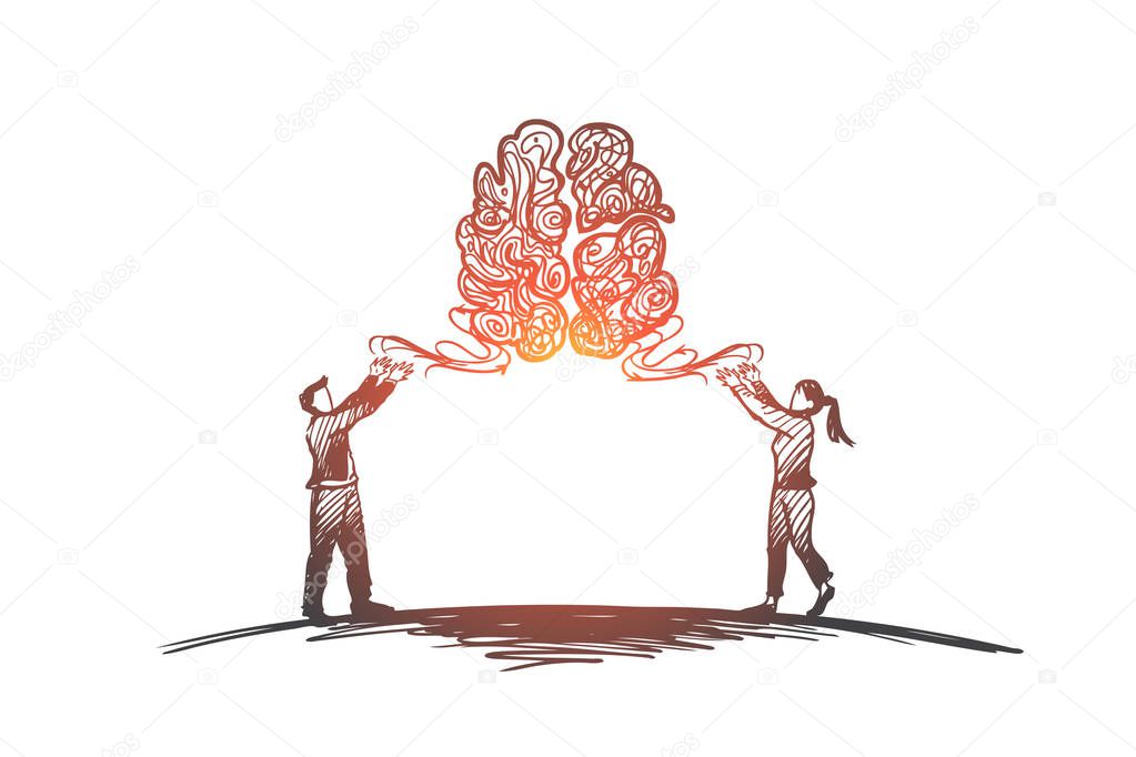 Brainstorming, idea, together, creative, teamwork concept. Hand drawn man and woman looking for new idea concept sketch. Isolated vector illustration.