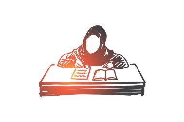 Eğitim, okul, öğrenme, Müslüman, Arap, alt kavramı. Elle çizilmiş izole vektör.