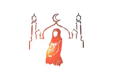 Din, gebelik, Müslüman, Arapça, islam, cami kavramı. Elle çizilmiş izole vektör.