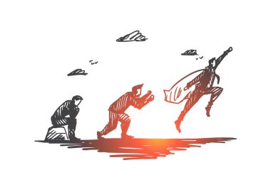 Başlangıç, işadamı, süper kahraman, fikir, geliştirme kavramı. Elle çizilmiş izole vektör.