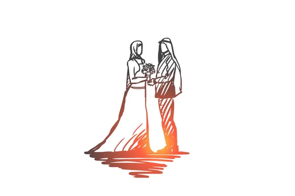 Esküvő, vőlegény, menyasszony, pár, muzulmán koncepció. Kézzel rajzolt elszigetelt vektor — Stock Vector