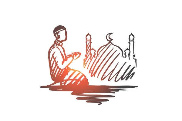 男、祈り、宗教、イスラム教、アラビア語、イスラム教、モスクの概念。手描き下ろし分離ベクトル. — ストックベクタ