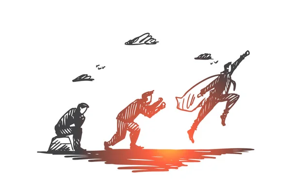 Başlangıç, işadamı, süper kahraman, fikir, geliştirme kavramı. Elle çizilmiş izole vektör.