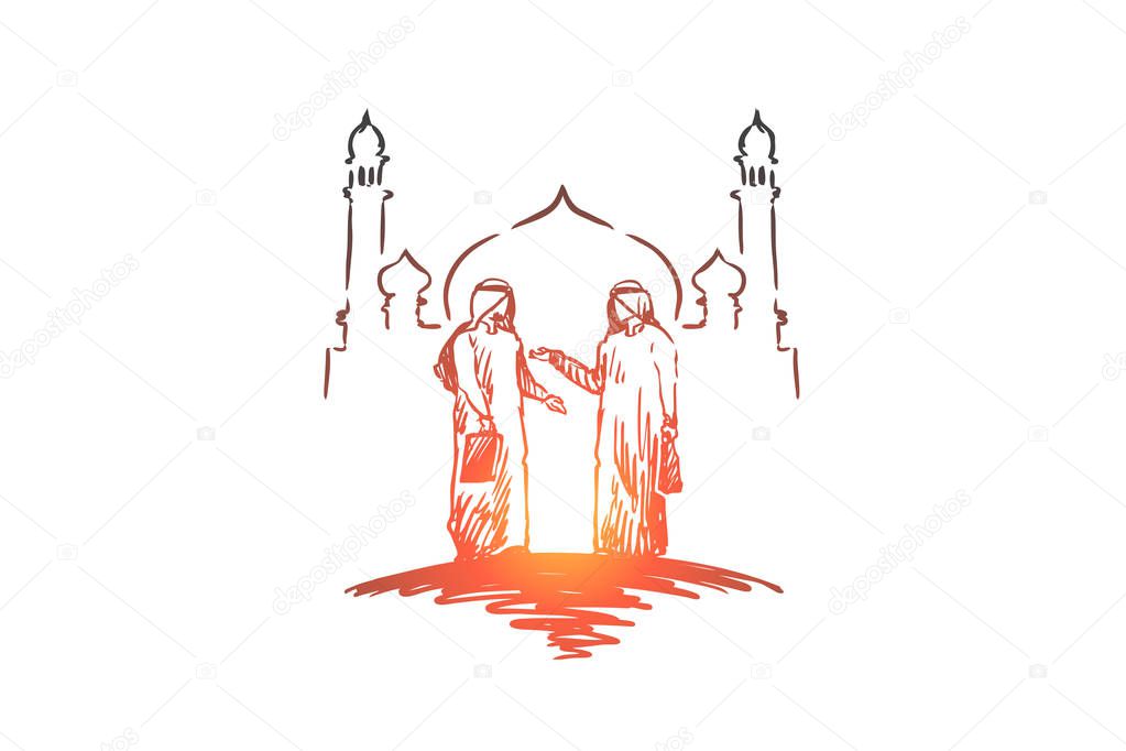 Businessmen, partners, muslim, arab, islam, mosque concept. Hand drawn isolated vector.