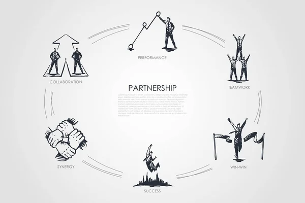 Partnerschaft - Teamwork, Win-Win, Zusammenarbeit, Leistung, Synergien-Set-Konzept. — Stockvektor