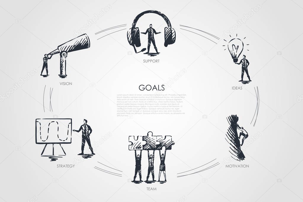Goals - vision, support, team, strategy, motivation set concept.