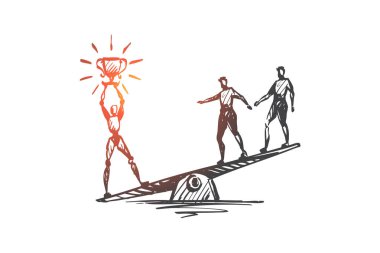 Şampiyon, başarı, zafer, hidrojen klorür, otomasyon, teknoloji kavramı. Kazananlar Kupası kavramı kroki ile çizilen robot el. İzole vektör çizim