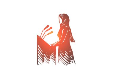 Röportaj, siyaset, hijab, kadın, hoparlör, Arap kavramı. Elle çizilmiş izole vektör.