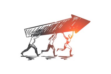 İleri, gol, hidrojen klorür, otomasyon, takım, ortaklık kavramı. Elle çizilmiş izole vektör.