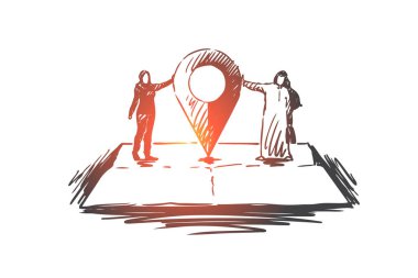 Geolocation, Gps, harita, Müslüman, işadamı kavramı. Elle çizilmiş izole vektör.