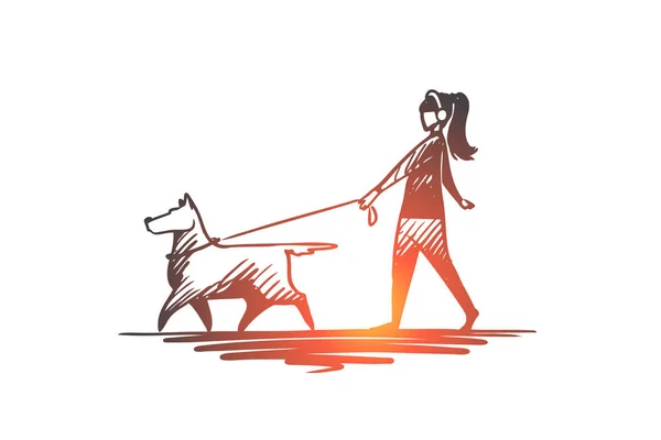 Cammina, animale domestico, cane, stile di vita, concetto caro. vettore isolato disegnato a mano . — Vettoriale Stock