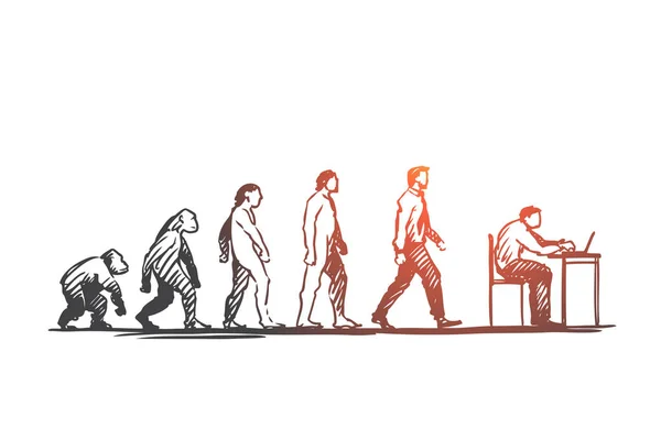 Evolução, homem de negócios, programador, conceito primitivo. Vetor isolado desenhado à mão . —  Vetores de Stock