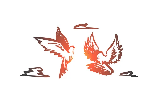 Libertad, paz, pareja, vuelo, concepto de pájaros. Vector aislado dibujado a mano . — Vector de stock