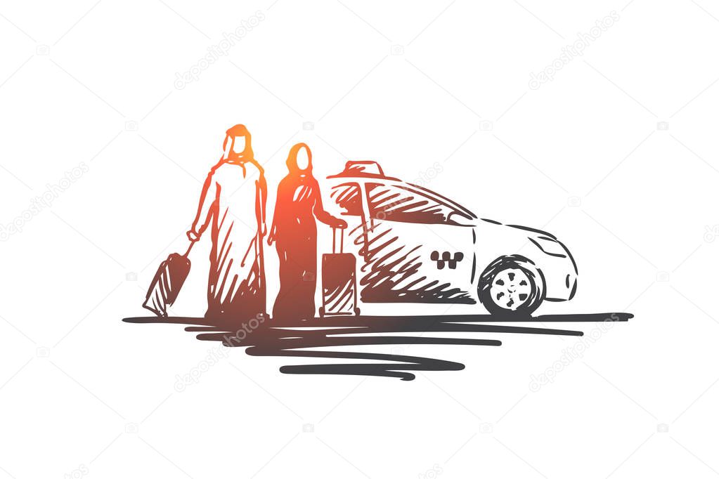 Travel, man, woman, business, Islam concept. Hand drawn isolated vector.