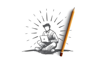 Fikir, serbest, özgürlük, başarı, dizüstü bilgisayar kavramı. Elle çizilmiş izole vektör.