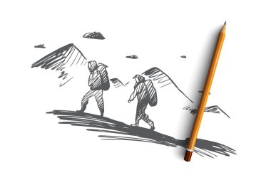 Fethetmek, elde etmek, birlikte, meydan okuma, kavram tırmanma. Elle çizilmiş izole vektör.