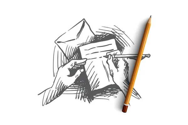 Lettre, papier, écriture, concept de stylo. Vecteur isolé dessiné à la main . — Image vectorielle