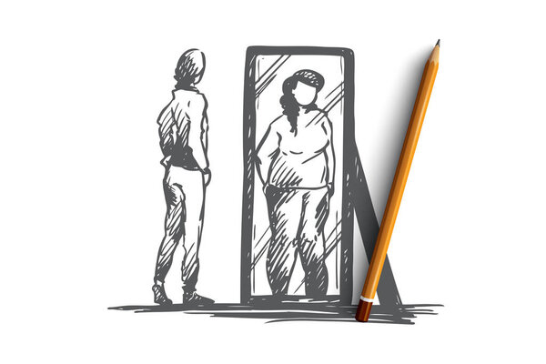 Girl, mirror, body, distorted, weight concept. Hand drawn isolated vector.