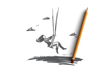 Kız, salıncak, çocukluk, eğlenceli, oyun kavramı. Elle çizilmiş izole vektör.