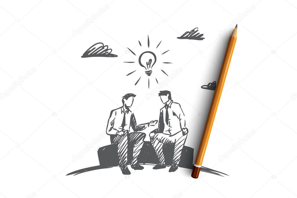 Business idea, partners, together, teamwork concept. Hand drawn business partners discussing project concept sketch. Isolated vector illustration.