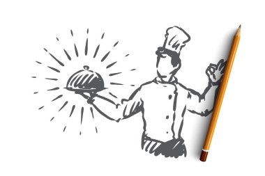 Şef, pot, yemek, Restoran kavramı. Elle çizilmiş izole vektör.