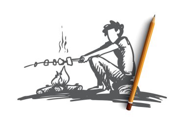 Çocuk, kamp ateşi, yaz, dinlenme, izci kavramı. Elle çizilmiş izole vektör.