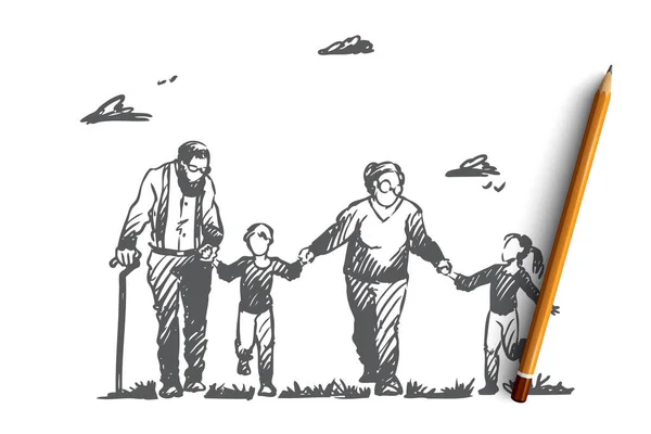 Babcia, Dziadek, wnuki, rodziny, koncepcja generacji. Ręcznie rysowane na białym tle wektor. — Wektor stockowy