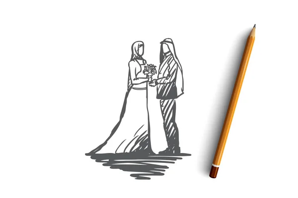 Весілля, наречений, наречена, пара, мусульманська концепція. Рука намальована ізольований вектор — стоковий вектор