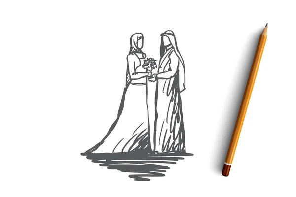 Matrimonio, sposa, insieme, fidanzamento, islam. vettore isolato disegnato a mano . — Vettoriale Stock