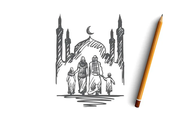 Religion, family, muslim, arabic, islam, mosque concept. Hand drawn isolated vector.