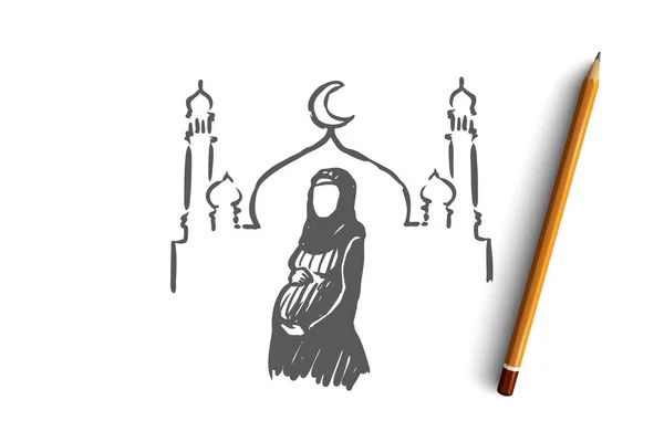 Religión, embarazo, musulmán, árabe, islam, concepto de mezquita. Vector aislado dibujado a mano . — Vector de stock