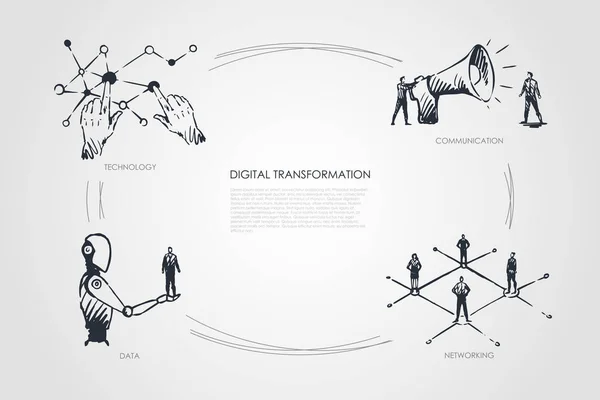 Цифровая трансформация, технологии, коммуникации, сетевое взаимодействие, концепция данных — стоковый вектор