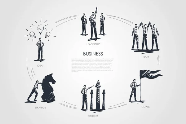 Affaires, équipe, objectifs, stratégie, idées, leadership — Image vectorielle