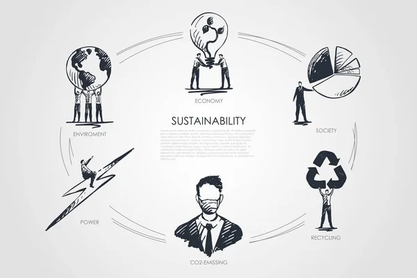 Hållbarhet, ekonomi, samhälle, återvinning, Co2-emissing, miljö — Stock vektor