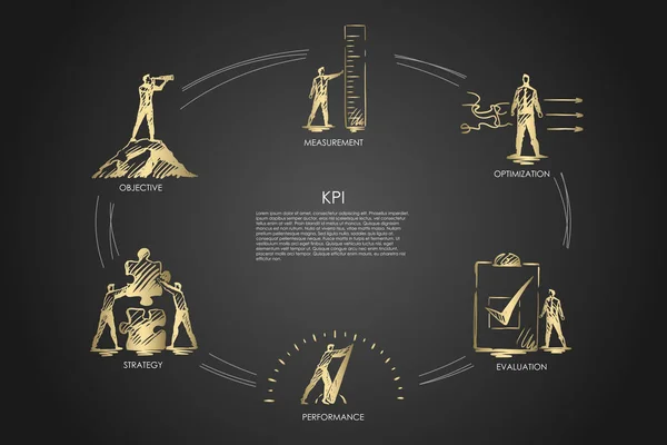 KPI - medición, optimización, evaluación, perfomance, concepto de conjunto de estrategia . — Archivo Imágenes Vectoriales
