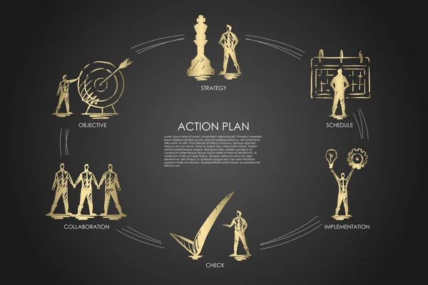 План дій стратегія, співпраця, перевірка, реалізація, концепція об'єктивного набору . — стоковий вектор
