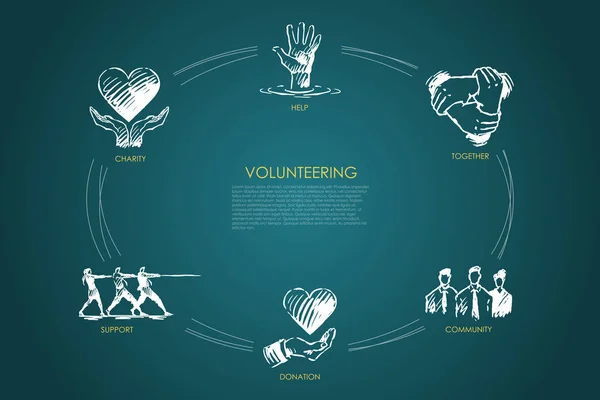 Freiwilligenarbeit - Wohltätigkeit, Gemeinschaft, Hilfe, Unterstützungskonzept. — Stockvektor